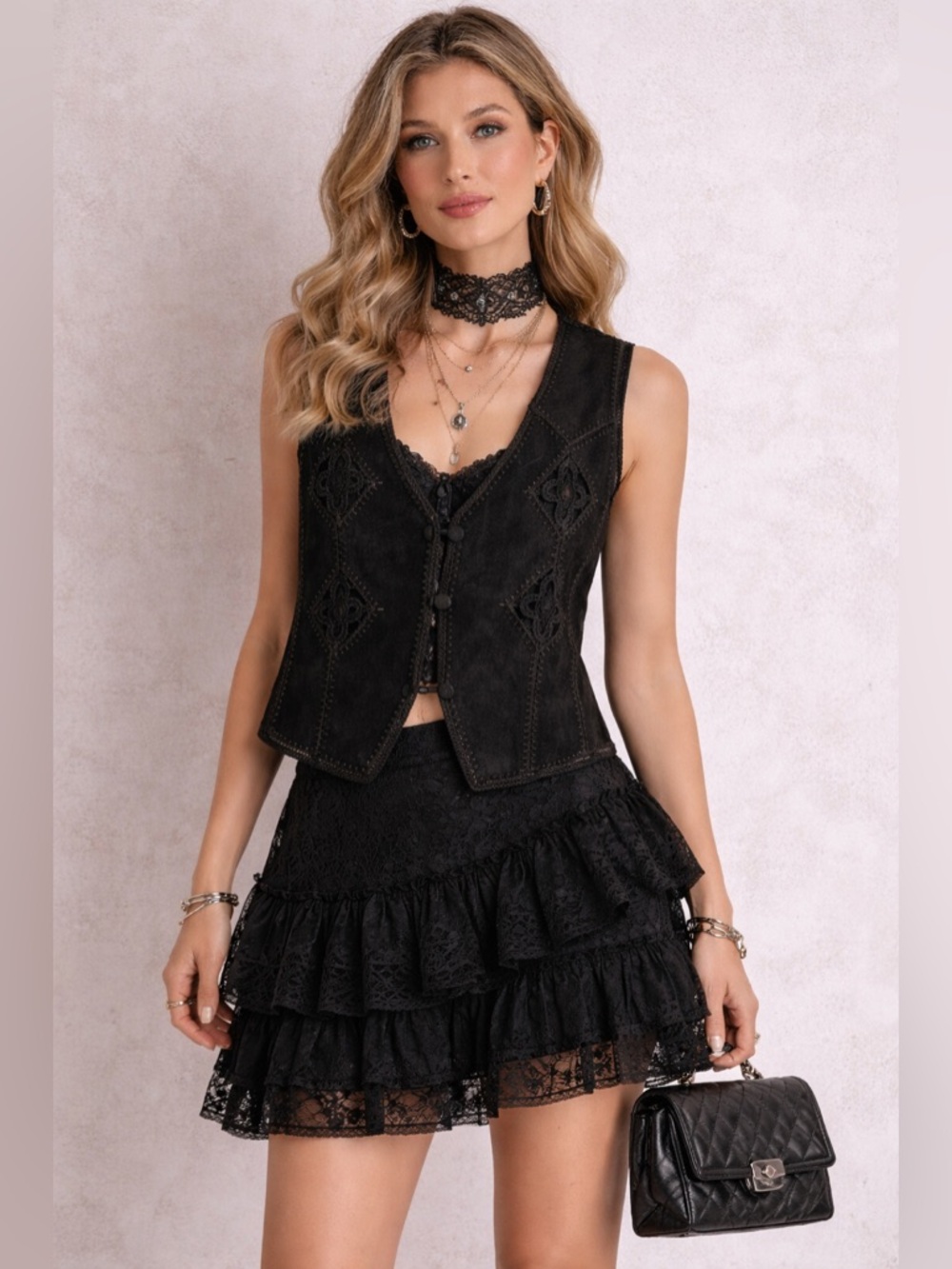 Vintage Black Genuine Leather Suede & Crochet Patchwork Women's Vest